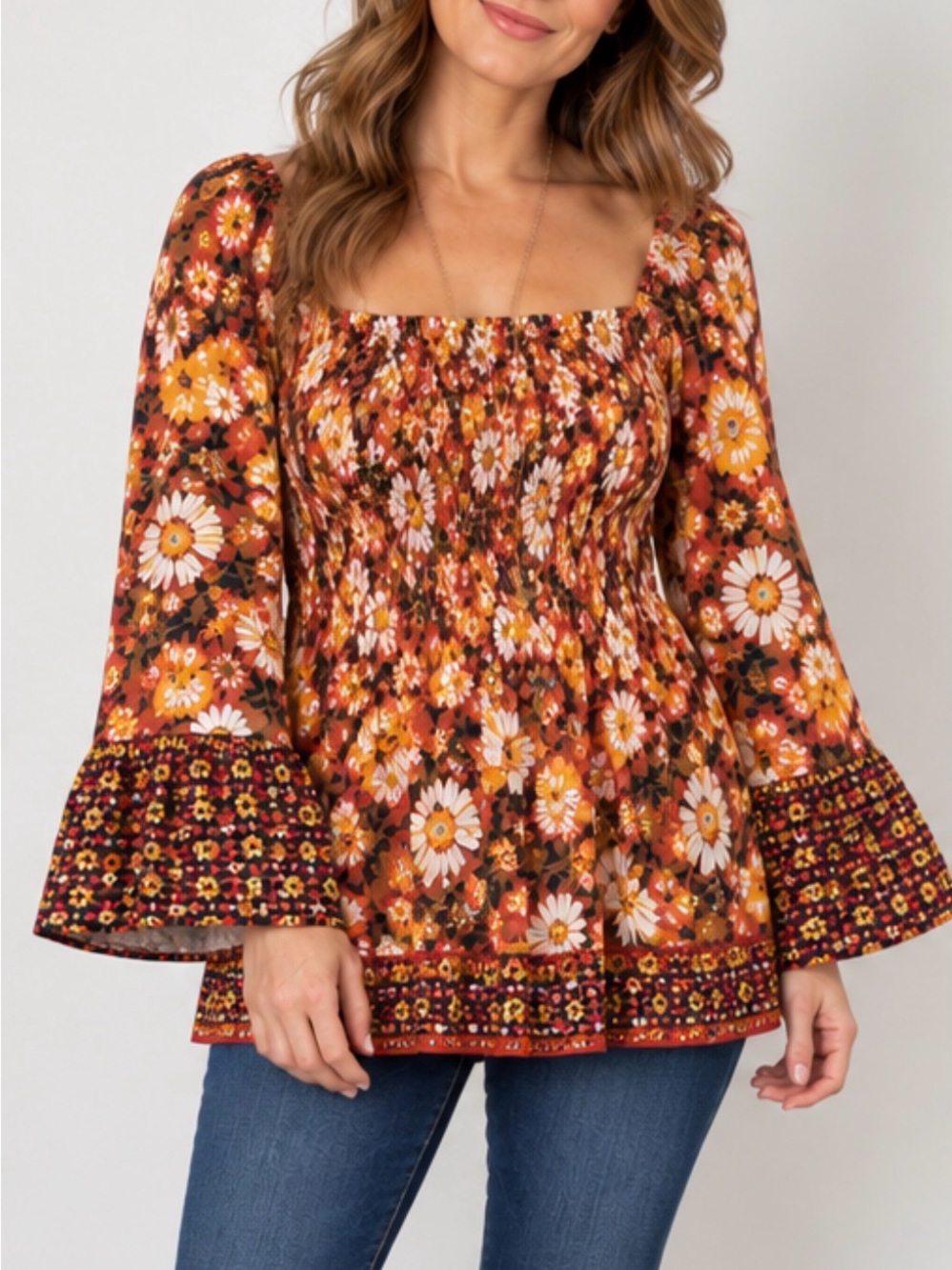 Angie Large Retro Floral Smocked Bell Sleeve Boho Tunic Top